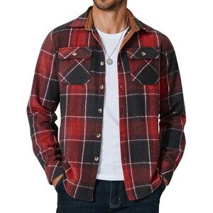 Coofandy Men Black Red Flannel Plaid Button Down Jacket Shirt with Pockets